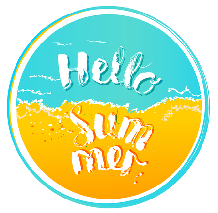 Hello Summer inscription on the blue sea background and sand background. Handwritten text for cards, t-shirts, Simple illustration. Circle tagのイラスト素材