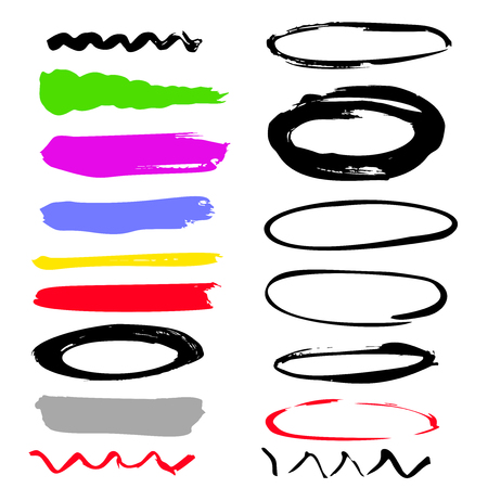 Hand drawing strokes, circles, dividers. Markers highlight color stripes. Multicolored stripes. Doodle style brushes.のイラスト素材
