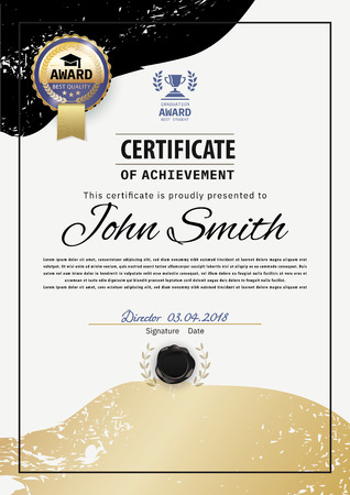 Official grey certificate with gold black design elements and gold emblem. Luxury background.. Blots hand drawn sketch scribble shapes. Graduation cap and cup flat icons.のイラスト素材