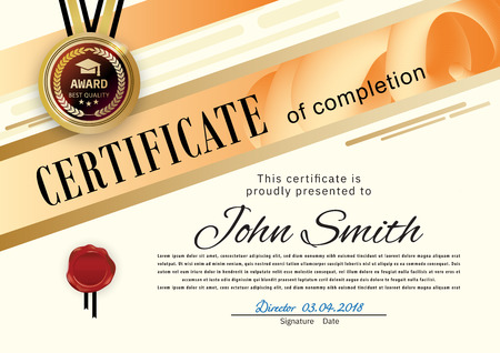 Official orange certificate with blue orange abstract gradient design elements, graduatioin cap. Afstract backgroundのイラスト素材