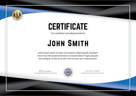 Official white certificate with black blue gradient design elements. Business clean modern design. Gold emblemの写真素材