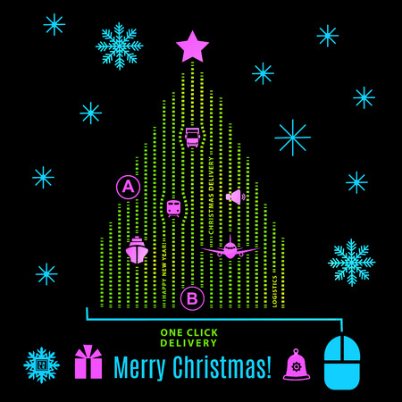Christmas logistics card. Neon Schematic christmas tree on black background. Pink blue green flat icon. From point A to point B.のイラスト素材