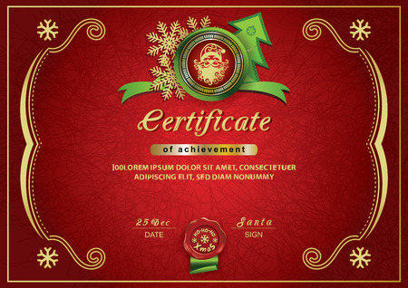 Christmas red certificate. Santa inside emblem, Xmas red backgroundのイラスト素材