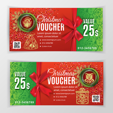 Christmas voucher for business. Green red background for department stores, business. Gold snowflake badge. Portrait of Santa Claus and Pig.のイラスト素材