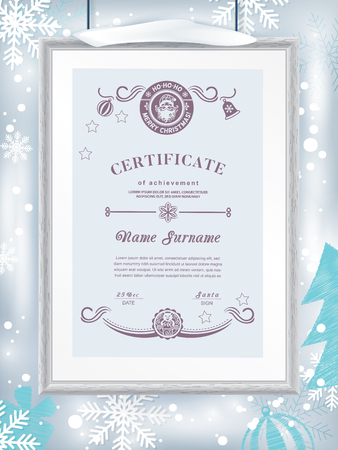 Christmas certificate with grey realistic border on snowflake background. Clean design, realistic effect shadow. Winter background. Santa, Pig inside emblems.のイラスト素材