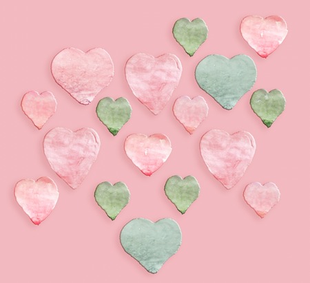 Watercolor pink green hearts on pink background. Hand made patternの写真素材