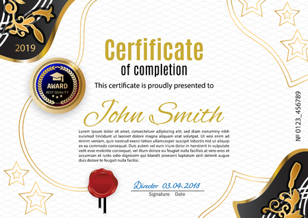 Official white certificate with ornamental floral gold corners s. Modern design. Gold emblemのイラスト素材