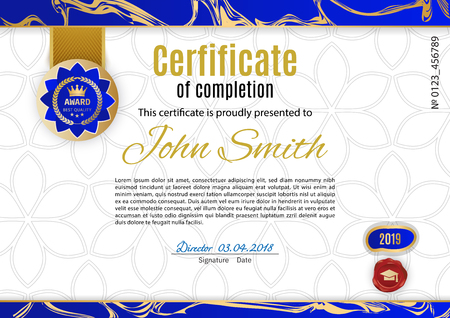 Official white blue certificate with gold blue emblem. Business clean modern design. Gold emblem, waferのイラスト素材