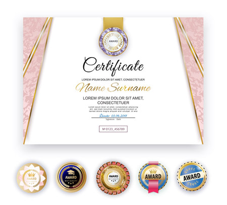 Official pink marble certificate Luxury background and set of emblemsのイラスト素材