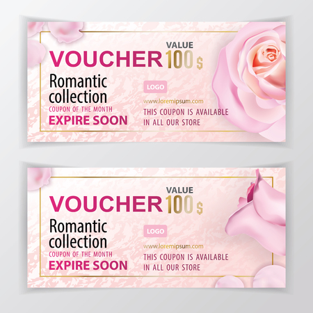 Vector gift voucher template. Universal flyer for business. luxury white pink marble with pink roses for department cosmetic, parfume, stores, business. 100 dollars valueのイラスト素材
