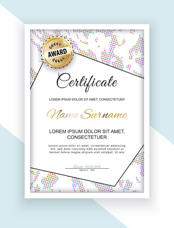Official white certificate with pogygonal design elements, halftone effect. Business clean modern design. Gold emblemのイラスト素材