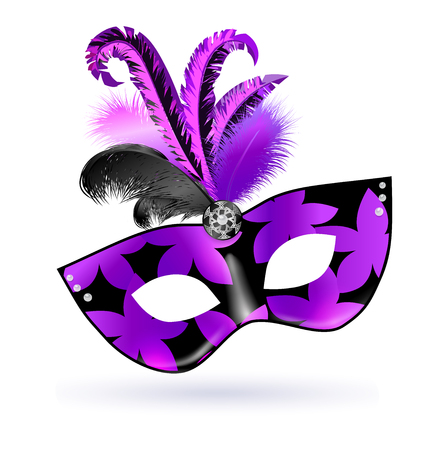 Carnival Mask with pink black lilac feathers and shadow on white background. Mardi grasのイラスト素材