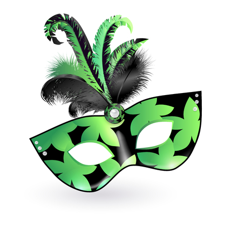 Carnival Mask with green black lilac feathers on white background. Happy carnival festive concept. Vector illustration . Mardi gras.のイラスト素材