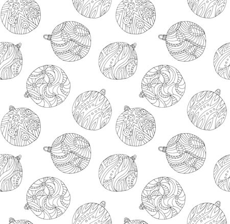 Christmas balls vector seamless pattern. Handmade coloring for adults. Monochrome coloring book. Trace of sketch.のイラスト素材