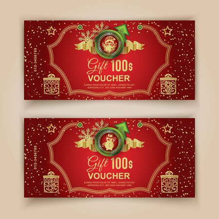 Christmas red voucher template with Santa in emblem, Snoqman in emblem . Value 100 dollars for department stores, businessのイラスト素材