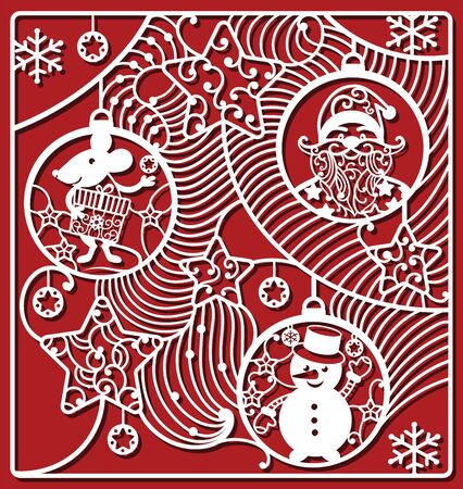 Rat, Santa Claus and Snowman in square.Cutting Icons. Chinese symbol with gift in Christmas ball. Symbol of 2020のイラスト素材