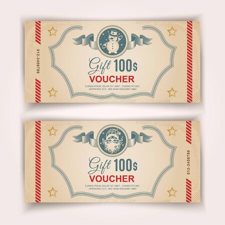 Christmas Voucher template with Santa in stamp, Snoqman in stamp . Value 100 dollars for department stores, businessのイラスト素材