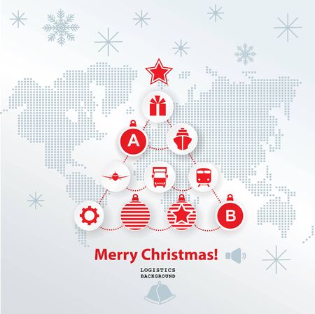 Christmas logistics card. Schematic christmas tree on schematic world map. Flat icons on white backgroundのイラスト素材