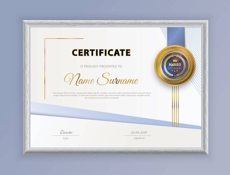 Official certificate with emblem, blue ribbon hanging on wall. Business modern design blank in grey borderのイラスト素材