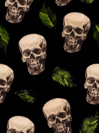 Skull and green leaves seamless pattern. Vintage gothic human skulls on black background for Dia de muertos, day of the dead, clothes, fabricの写真素材