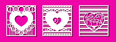 Hearts on the pink background for laser cutting. Set of white ornamental heartsのイラスト素材