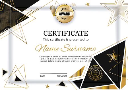 Official white certificate with gold black triangles, line . Business clean modern design. Gold emblem.のイラスト素材