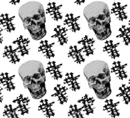 Halftone gothic human skull seamless pattern for Dia de muertos, day of the dead, clothes, fabric. Black crosses, skulls on white backgroundのイラスト素材
