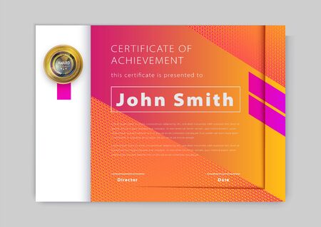 Official orange certificate with pink design elements. Modern blank with gold emblem. Vector illustration.のイラスト素材