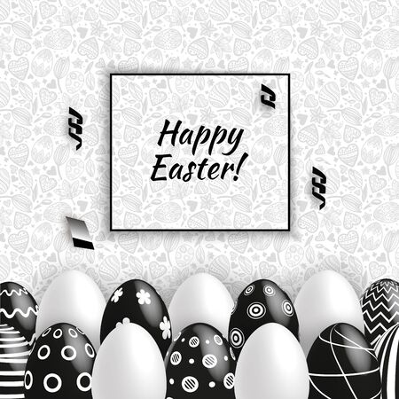 Black white Easter eggs on grey seamless pattern background. Vector set for holiday. Black White Easter cardのイラスト素材