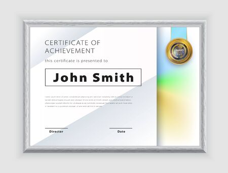 Official white certificate with green blue design elements. Modern blank with gold emblem. Vector illustration. Grey realistic border.のイラスト素材