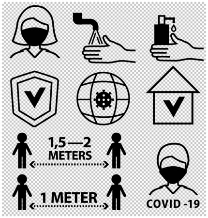 Line black icons. Keep distance 1 meter. Prevention COVID-19. Coronavirus icon on transparent background.のイラスト素材