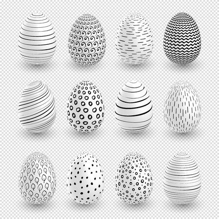 White Easter eggs wtth doodle black simple patterns on surface. Vector set on transparent background.for holiday Easter card. Vector illustration.のイラスト素材