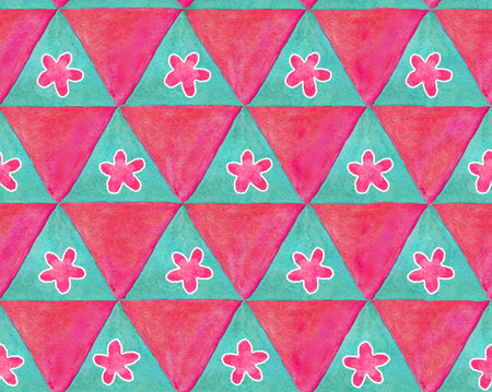 Triangles seamless pattern multicolored background. Watercolor and photo for wrapper, cloth, fabric.の写真素材