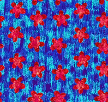 Grunge flowers Stripes hand made background. Abstract blue red floral seamless pattern for fabric, wrapping paper, Summer feninene background,の写真素材