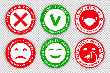 Round warning coronavirus signs on transparent background.. Put on mask. Keep distance between people. Do not sit here. Sit hereのイラスト素材