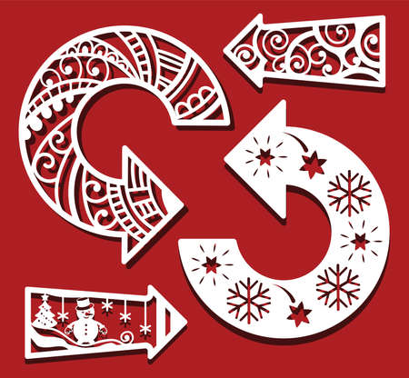 Round Arrows for laser cutting. Christmas, New Year card. Simple abstact with lines, curles and other simple shapes. Set of iconsのイラスト素材