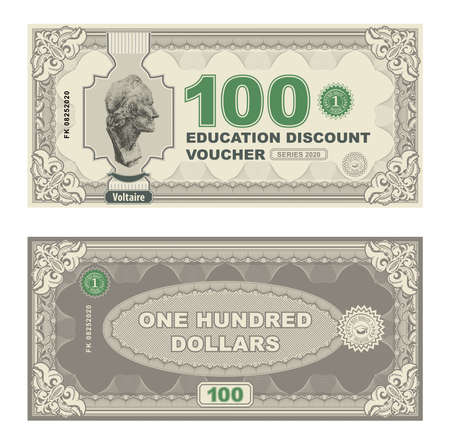 Vector money banknotes illustration with portrait of philosopher Voltaire by Jean-Antoine Houdon. classical statue . Back sides of money billsのイラスト素材