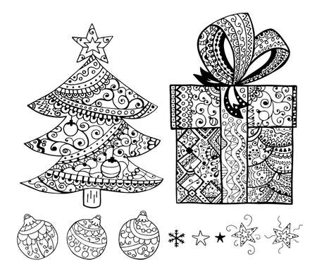 Stars, christmas balls hand drawn coloring book seamless rare pattern. Black ornamental Christmas items on white background. Uneven linesのイラスト素材