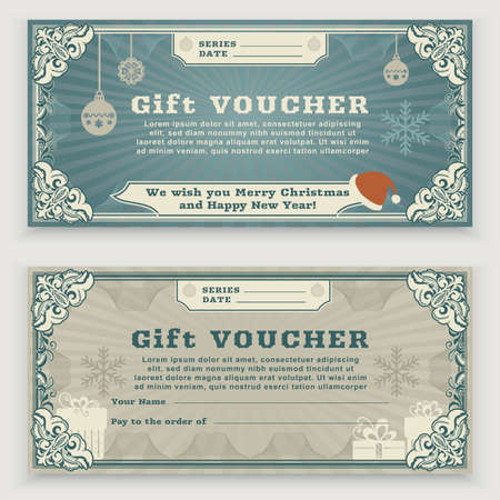 Christmas vintage Voucher template with floral border, snowflakes and christmas balls. Gift couponのイラスト素材