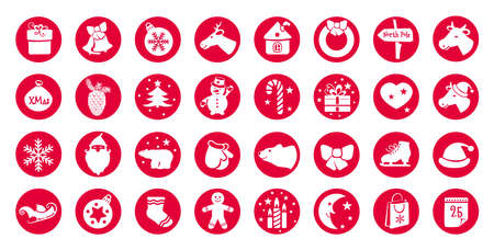 Christmas flat icons for web design and mobile app. Beige pictures on red circles. Sweet christmas candy cane, gingerbread house, man, bull headのイラスト素材