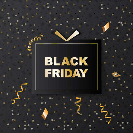 Black friday sale banner. Black Friday. Black gift with gold confetti, serpentine on the black backgroundのイラスト素材
