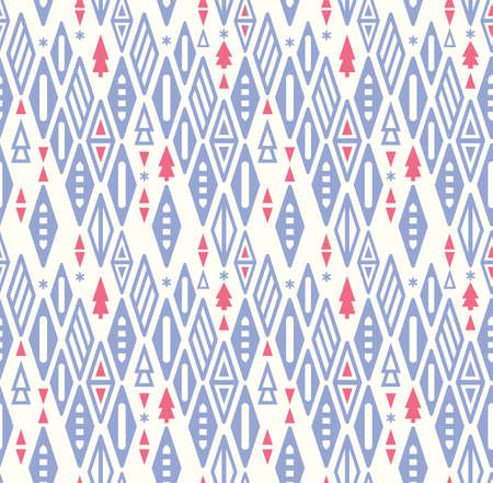 Christmas geometry seamless pattern. Blue pink triangles and Christmas tree stylized. Vector illustration with rhombus , triangles, christmas treeのイラスト素材