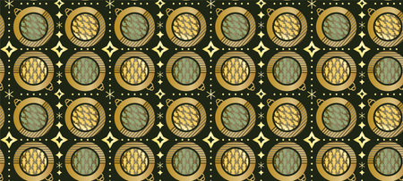 Christmas abstract geometry balls and Christmas trees. Gold geometric seamless pattern on dark blue...