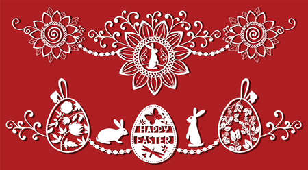 Easter eggs set with rabbit, butterfly, flower. White ornamental eggs for laser cutting on red background. Icons for greeting cardのイラスト素材
