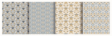 Triangle seamless pattern. Beige ornament on blue background. Trianlge shapes vector illustration