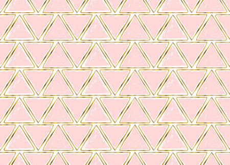 Triangle seamless pattern. Pink hand drawn triangles with gold contour for wedding card, mothers day, womans day. Feminine geometry backgroundのイラスト素材