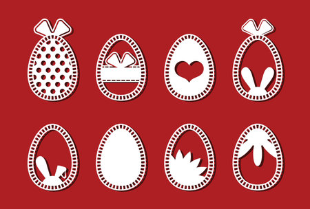 Easter eggs set. White geometry ornamental flower eggs for laser cutting on red background. Icons for greeting card. vector illustrationのイラスト素材