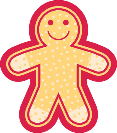 Christmas gingerbread man. Christams sticker vector illustration. Green beige pink label with snow...