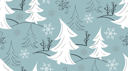 Winter forest. White firs and other trees, snowflakes on blue background. Christmas seamless pattern