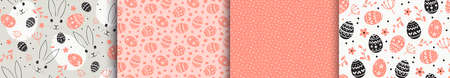 Easter seamless pattern set. Bunny face and Easter Egg small flowers, leaves around. Vector illustration. Contour simple characterのイラスト素材